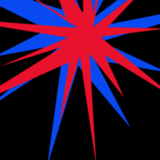 A bold abstract design featuring overlapping jagged starburst shapes in red and blue on a solid black background.