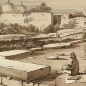 A sepia-toned illustration depicting a person seated on a stone block sketching ruins, with large rectangular slabs scattered in the foreground and domed structures and walls visible in the background.