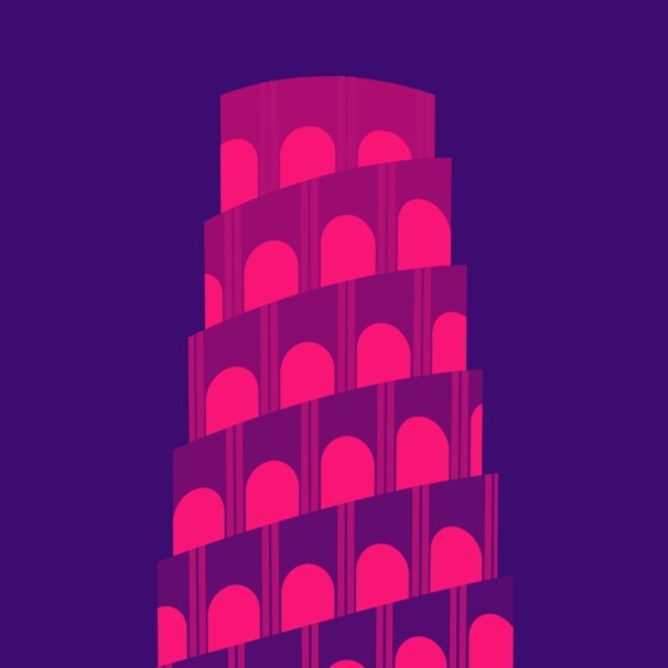 A stylized illustration of a leaning tower with stacked layers of pink arches against a solid dark purple background.